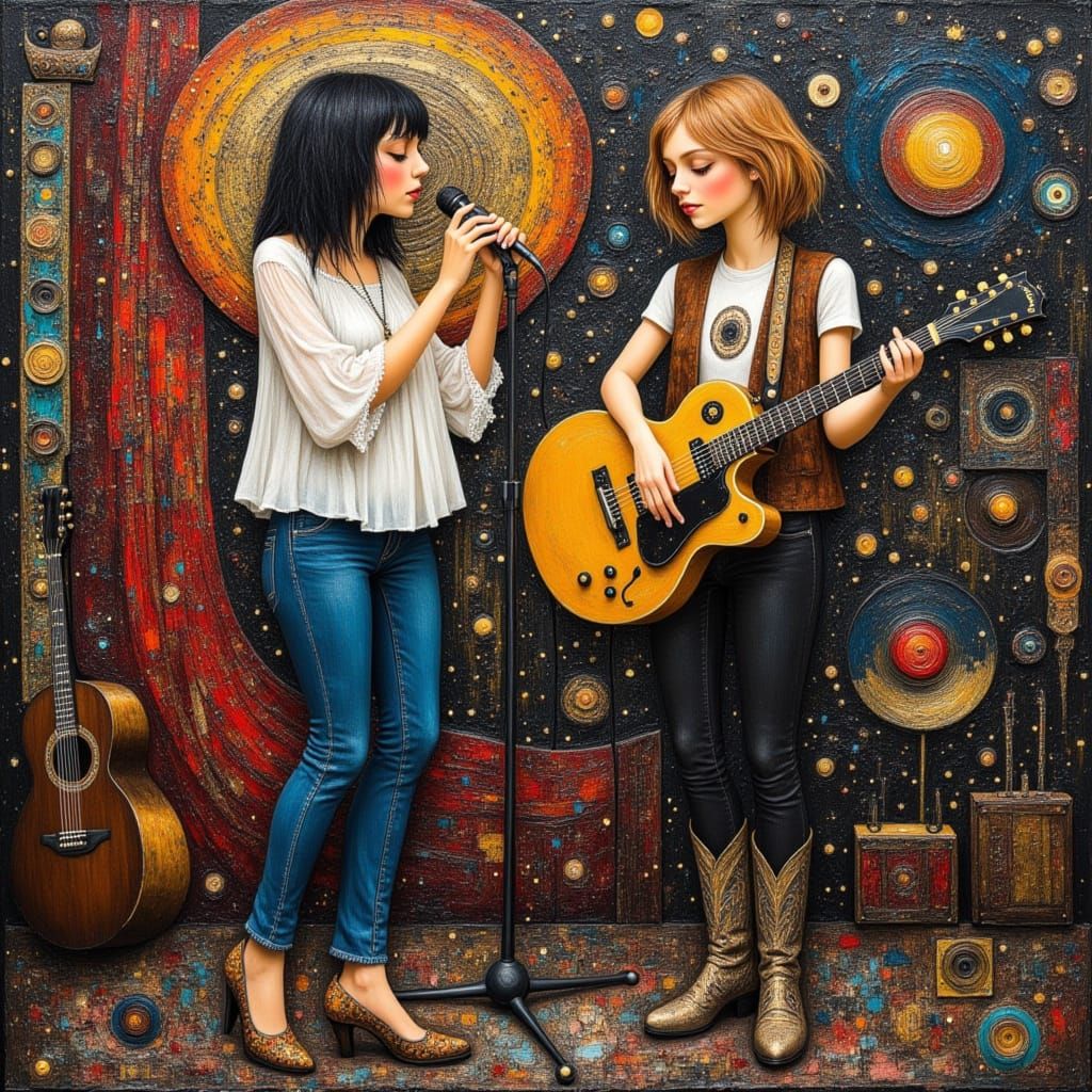Surreal Oil Painting of Female Rock Stars Performing