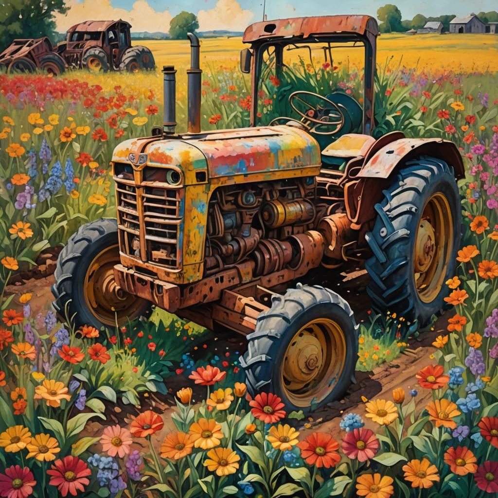 Wrecked Tractor in Flower Patch as Impasto Painting