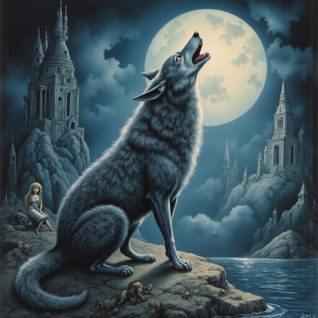 Wolf Howling at the Moon in a Classic Style