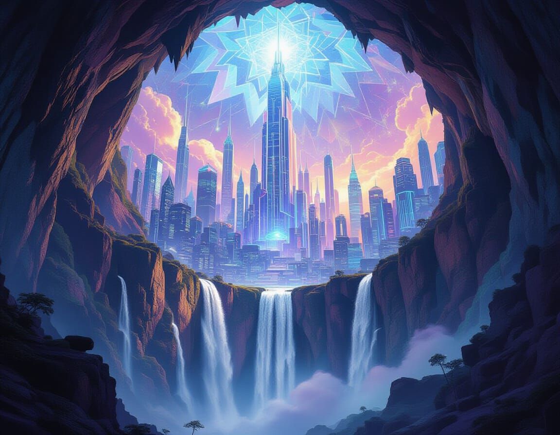 Futuristic Waterfall City in Crystalline Geode