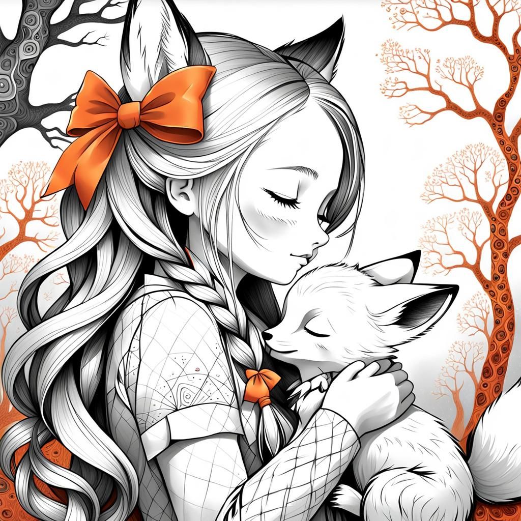 Girl and Fox Kit: Whimsical Pencil Caricature
