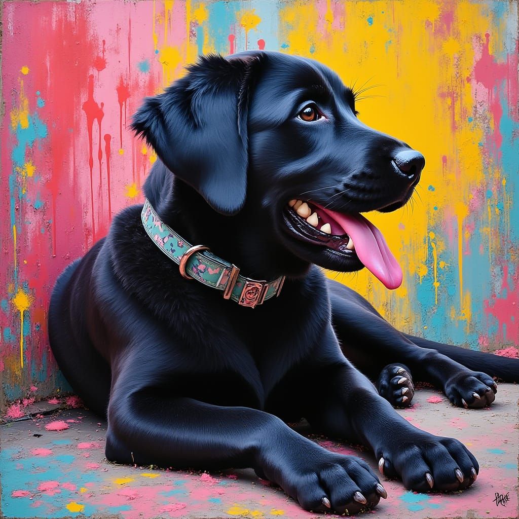 Black Lab Puppy in Vibrant Graffiti Art