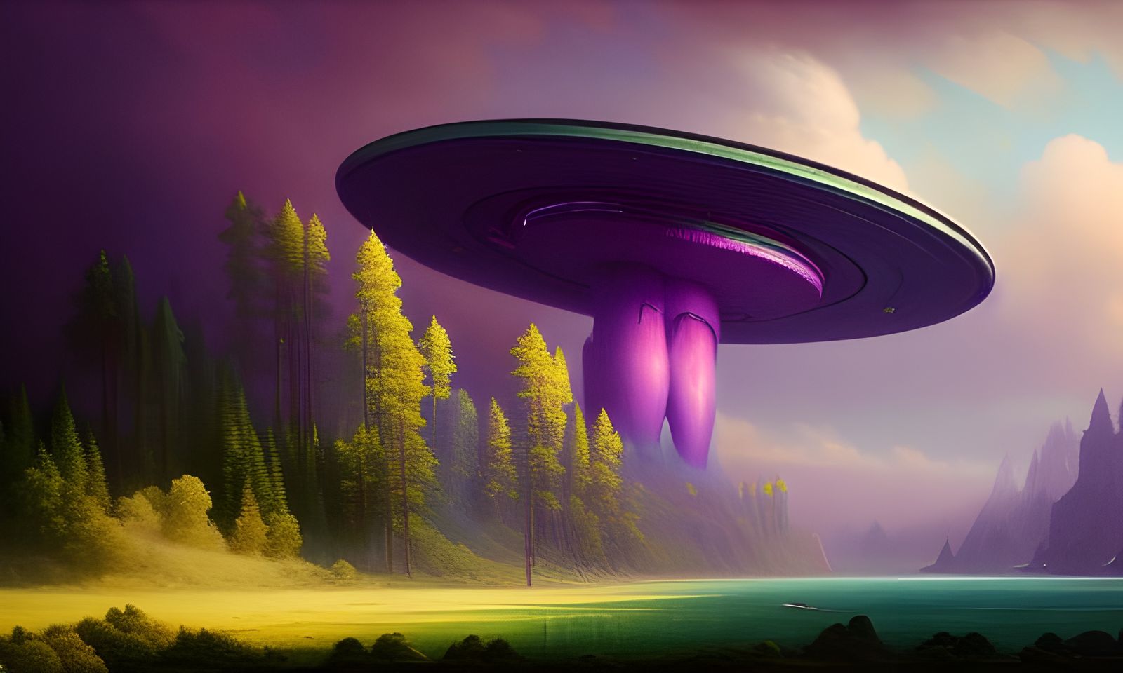 Lush Alien Forest with Geometric Spaceship