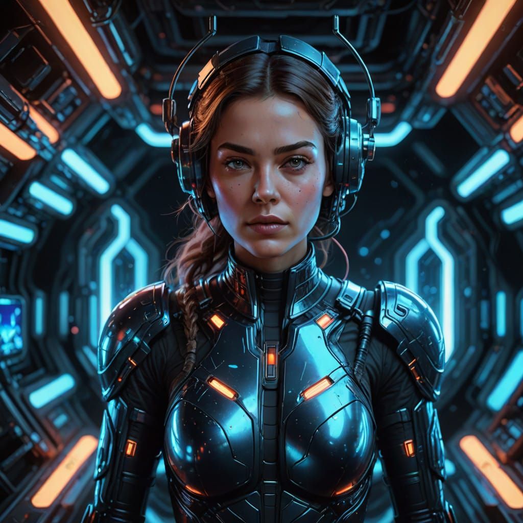 Android Goddess Shines in Neon Hues on Futuristic Spaceship