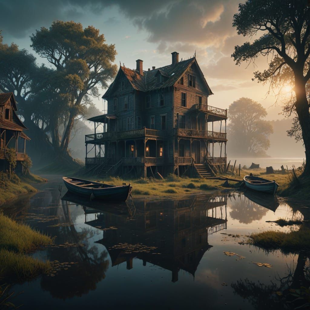 Ethereal Waterside House in Cinematic Fantasy Style