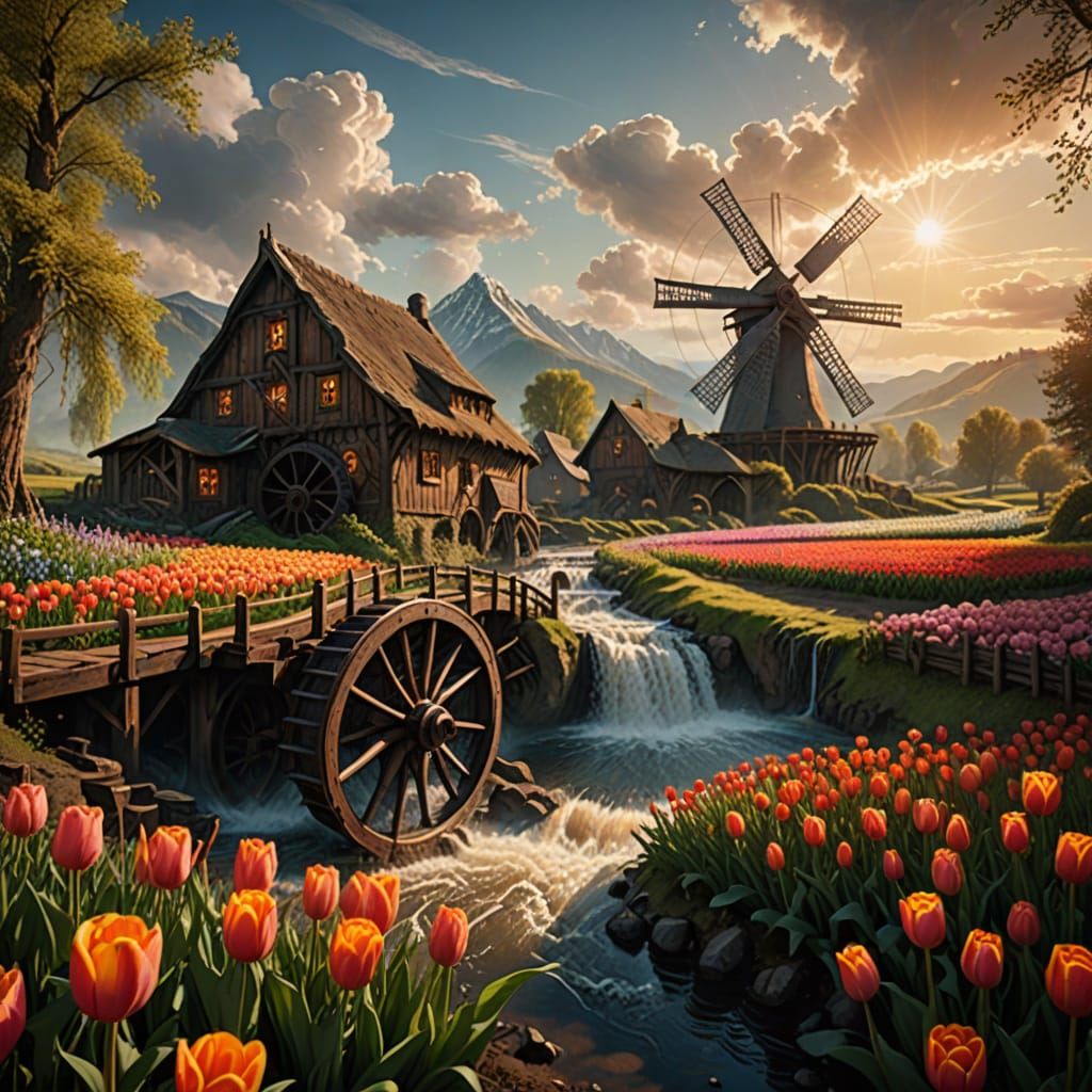 Epic Water Wheels Amidst a Vibrant Tulip Field