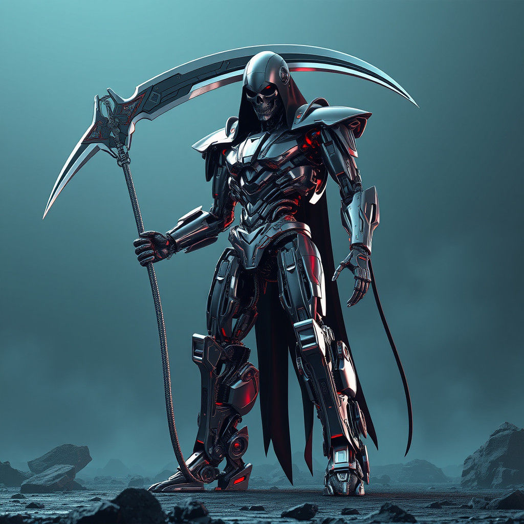 Cybernetic Grim Reaper with Scythe in Metallic Exoskeleton