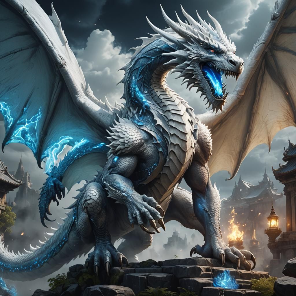 Majestic White Dragon Emitting Blue Light