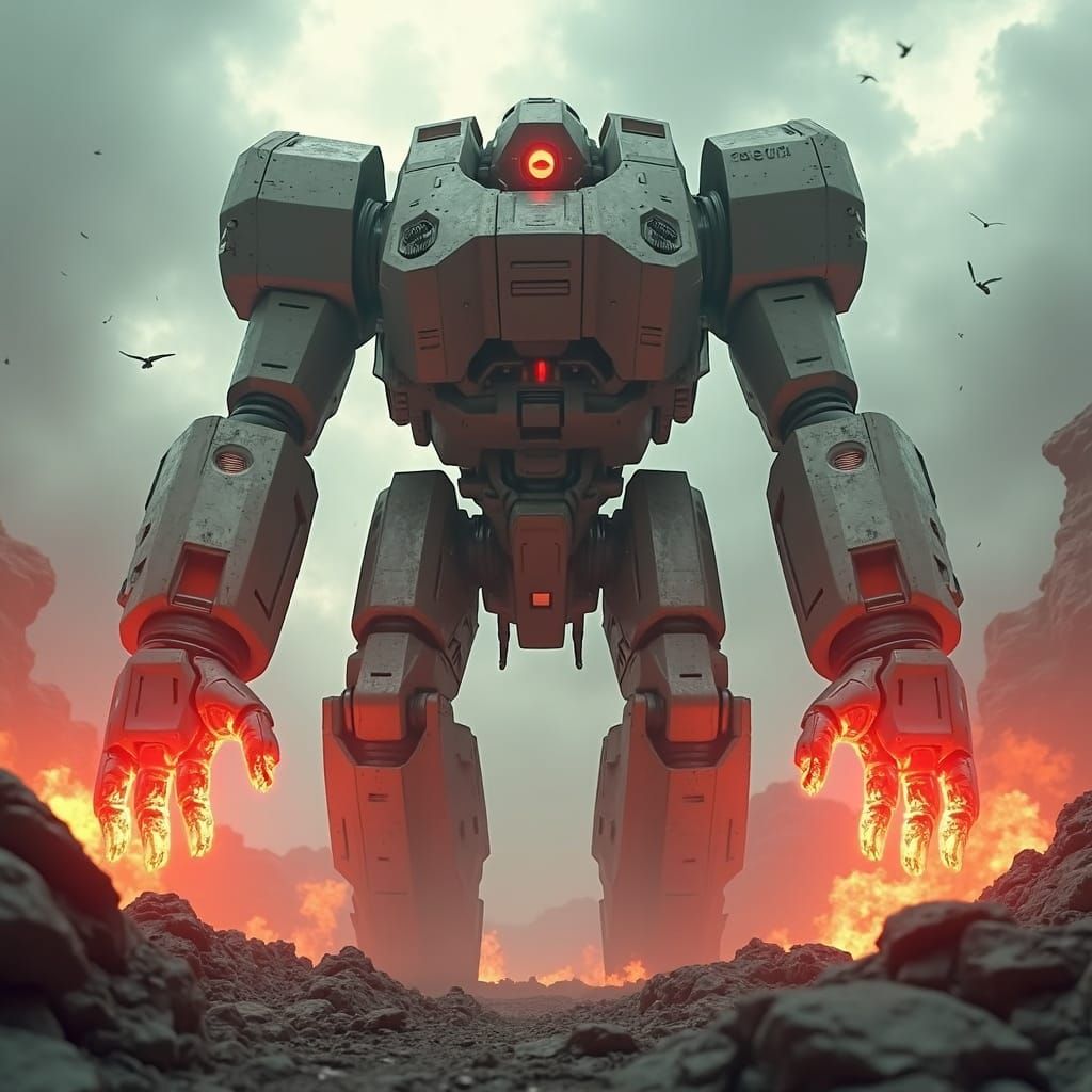 Colossal Robot Rises in Devastated Landscape