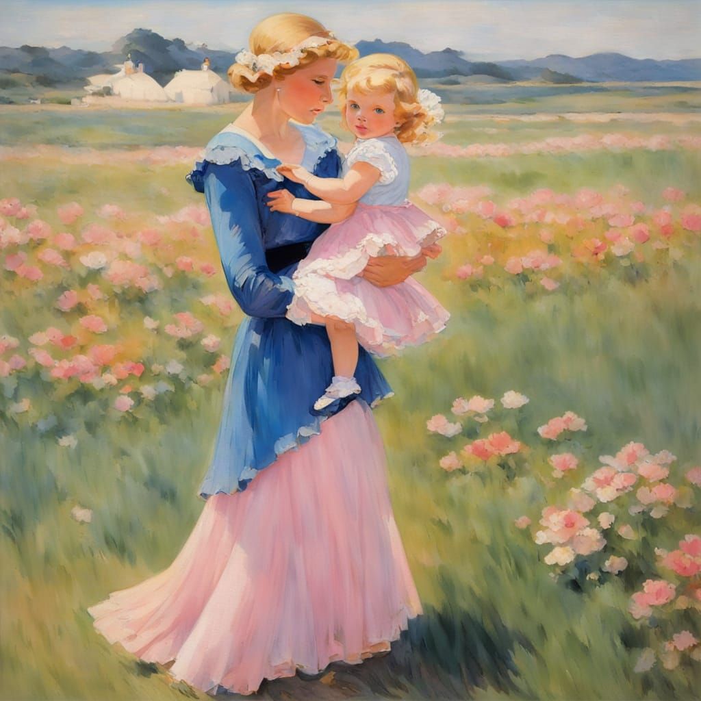 Mother and Daughter in Field, Impressionist Style