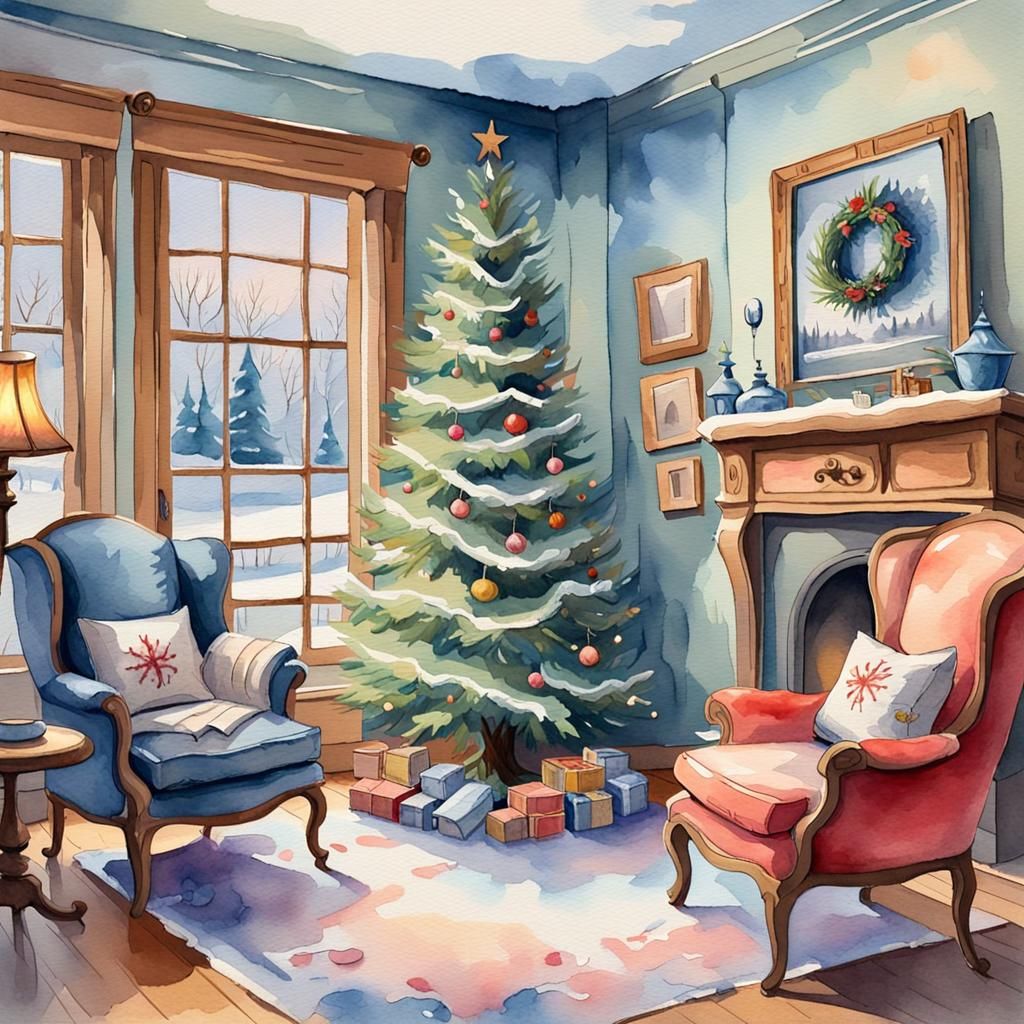 Cozy Winter Sitting Room: Watercolor Gouache Illustration