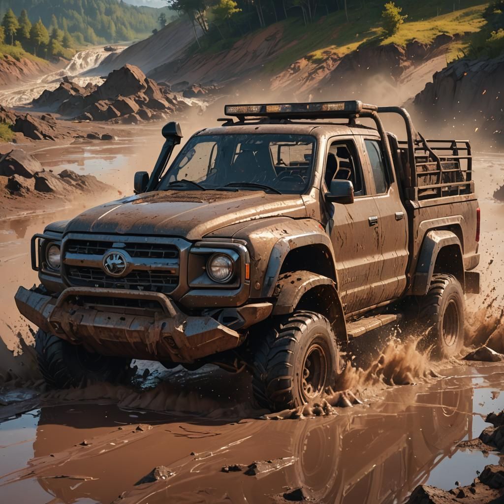 Girl Driving Truck in Mud: Anime-Inspired 3D Art