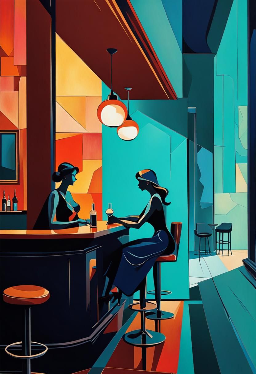 Women at a Bar in Vibrant Abstract Art