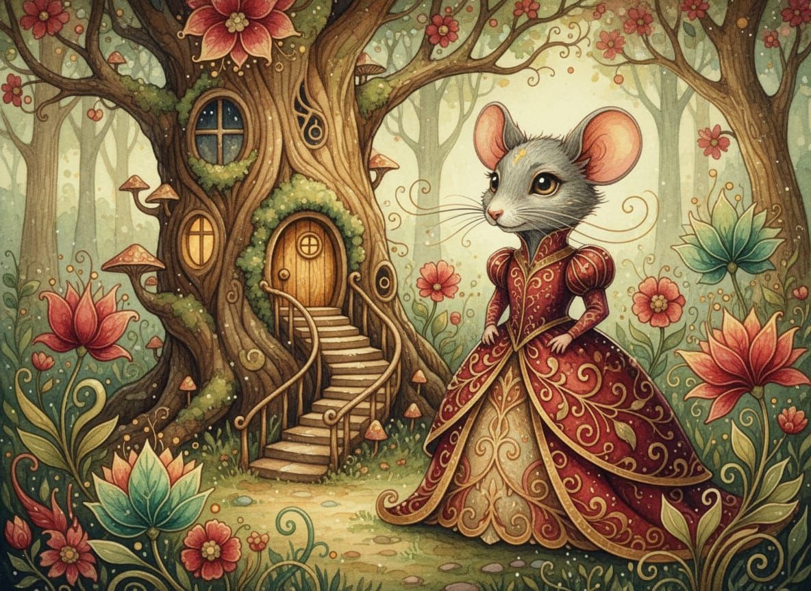 Whimsical Mouse in Dress by Treehouse, Watercolor Art