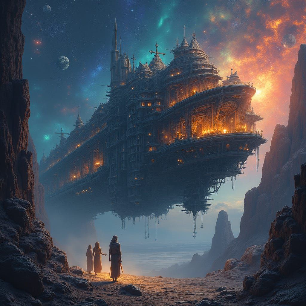 Cosmic Library Ship Drifting Through Nebula