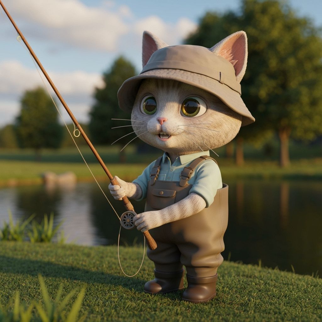 Precious Clay Cat Fisherman in Detailed Clayscape