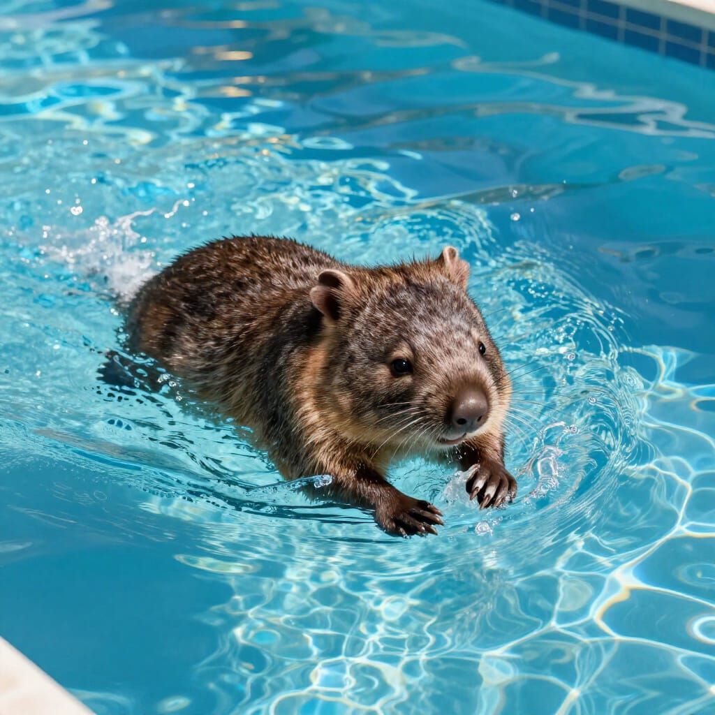 Fluffy Wombat Joyfully Swims in Sunny Pool