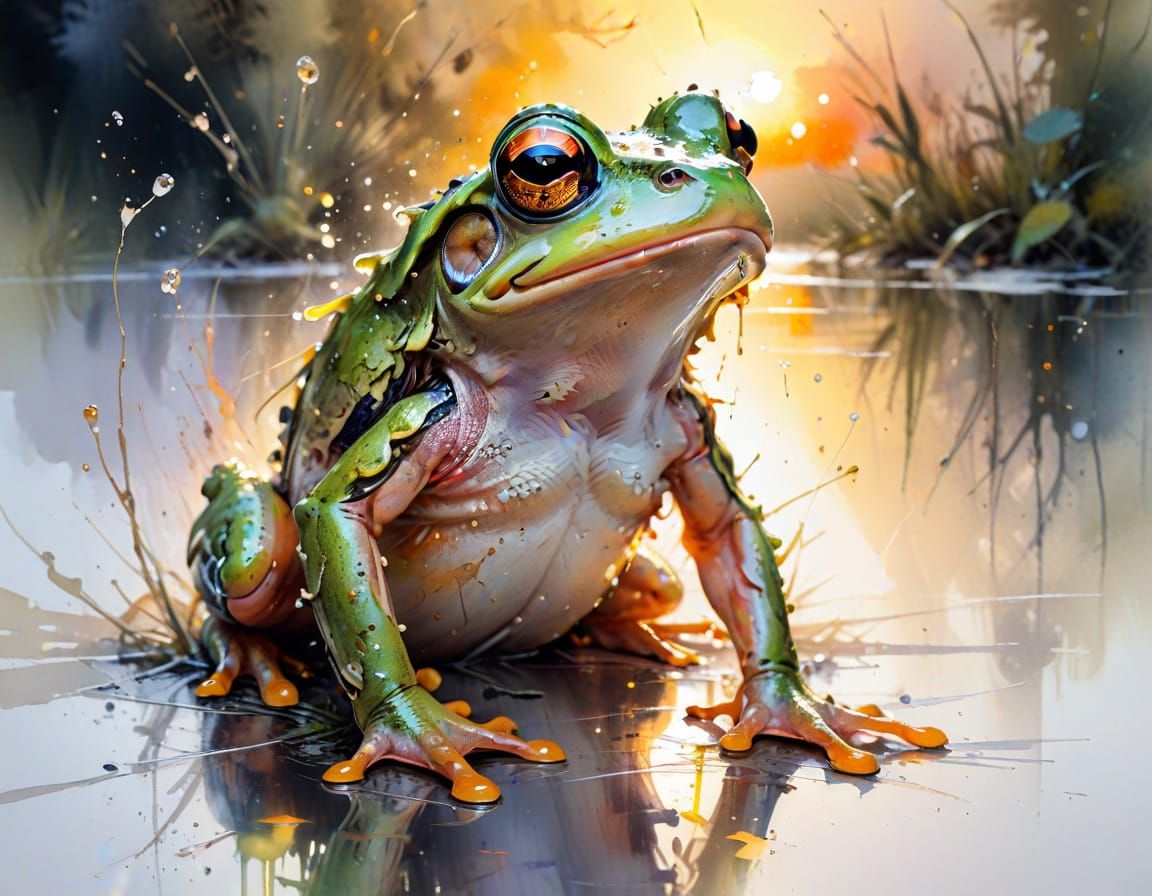 Surprised Frog in Dreamy Watercolor Sunset