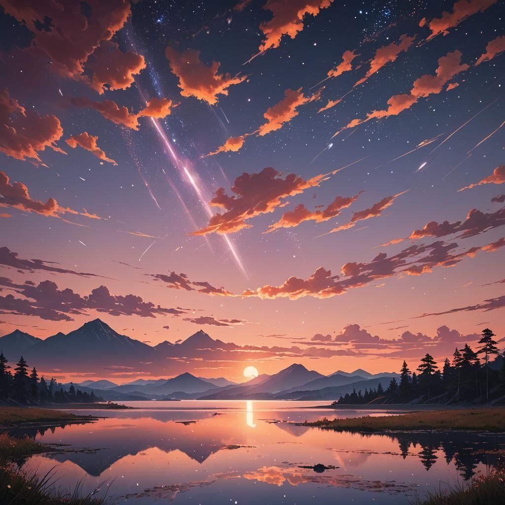 Sunset Lake Nature Wallpaper in Shinkai Anime Style