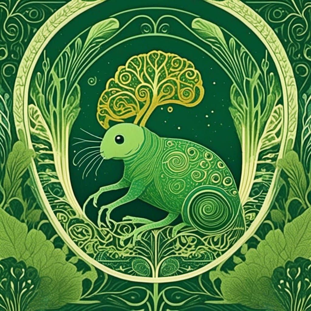 Art Deco Anatomical Brain Creature in Green and Gold