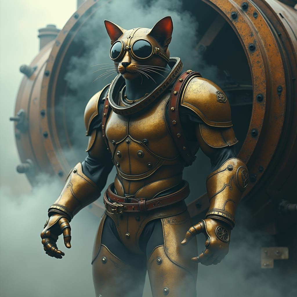 Steampunk Cat Ninja Emerges from Engine