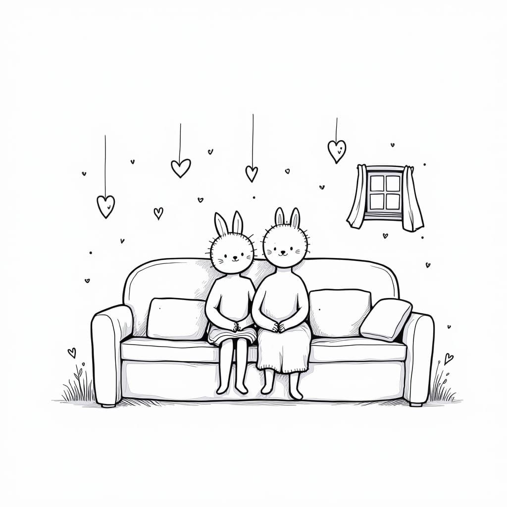Minimalist Line Art Couple on Couch, Ready to Color