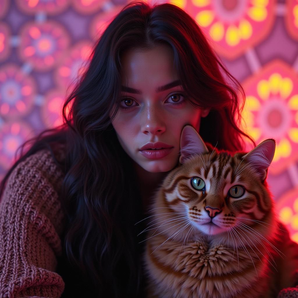 Matching Brown Hair and Cat Fur in Hyperrealistic Splash Art