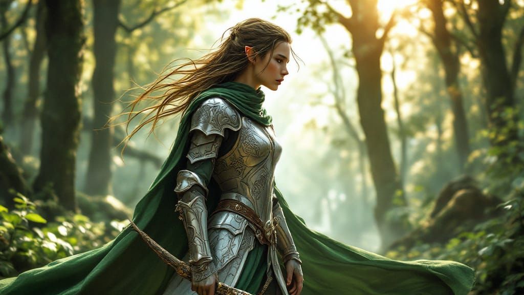 Elven Warrior in Forest Clearing, Realistic Fantasy Art