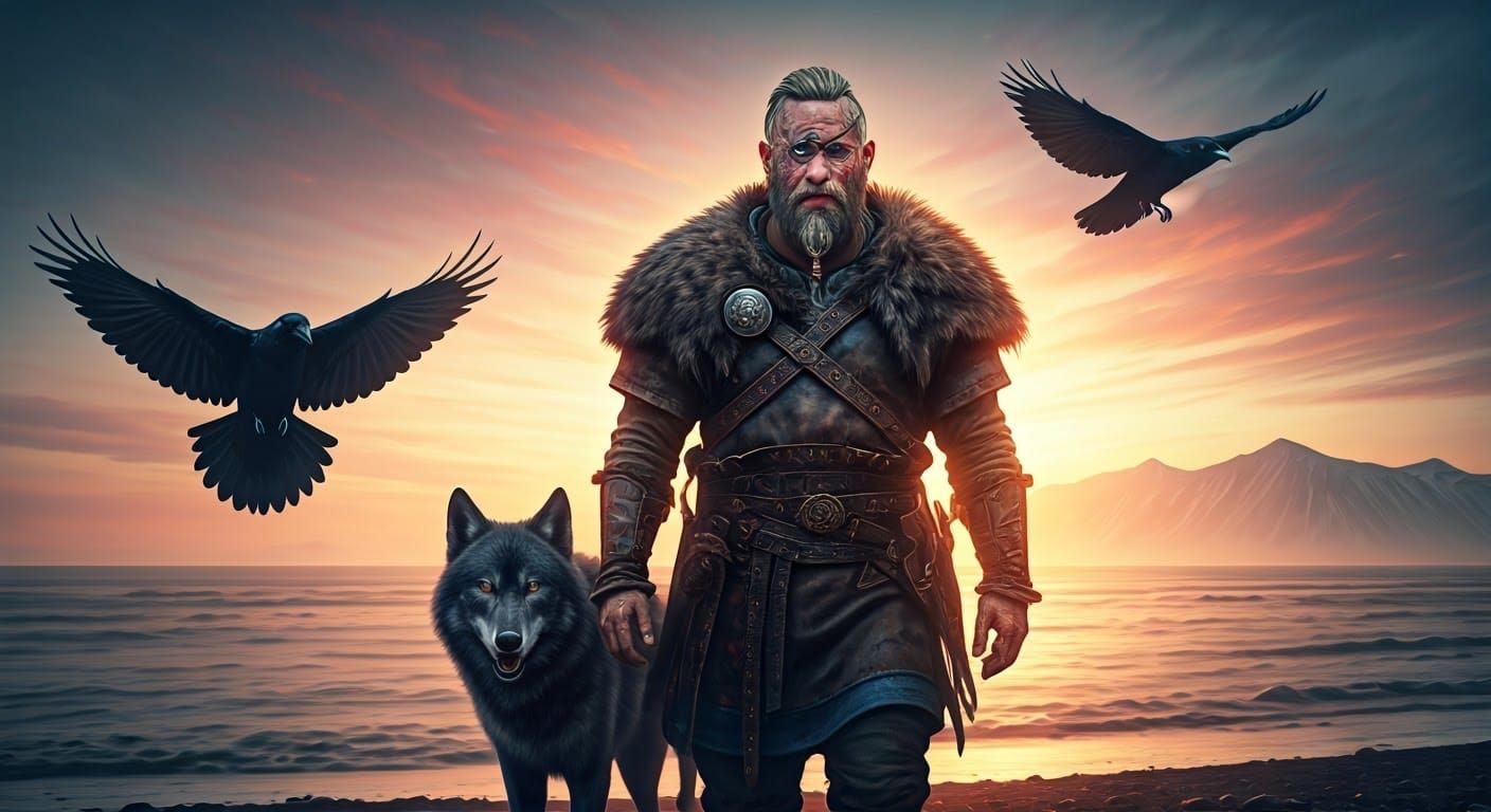Viking Warrior Walks Deserted Beach with Loyal Wolf and Rave...