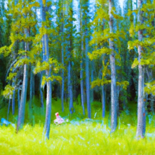 Impressionistic Forest Scene with Mountains and Girl