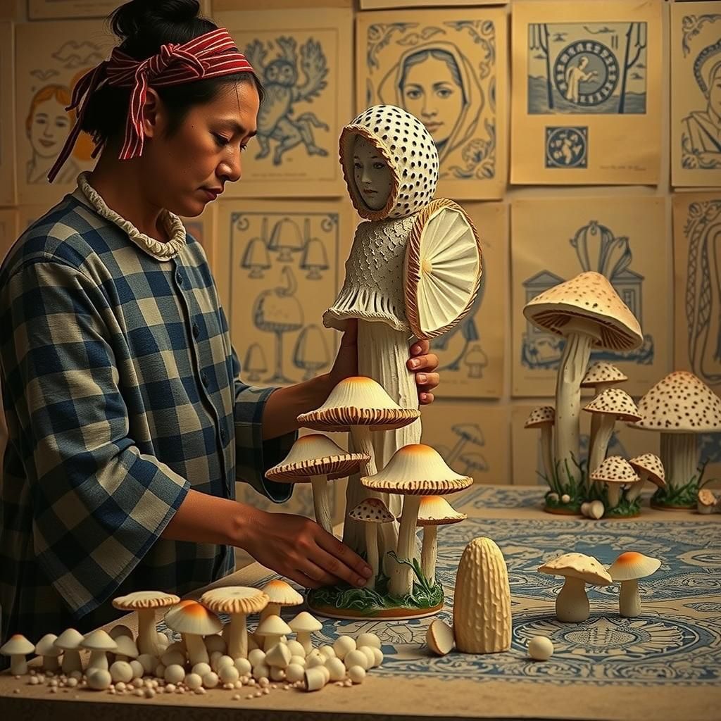 Mushroom Cultivation: Linocut Print Featuring Porcelain Work...