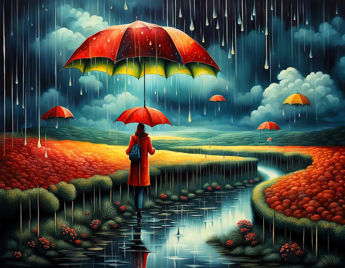 Surreal Rainy Weather Scene in Dreamlike Style