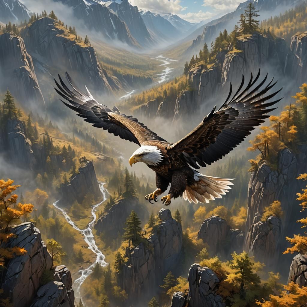 Eagle in Flight: Detailed Matte Oil Painting