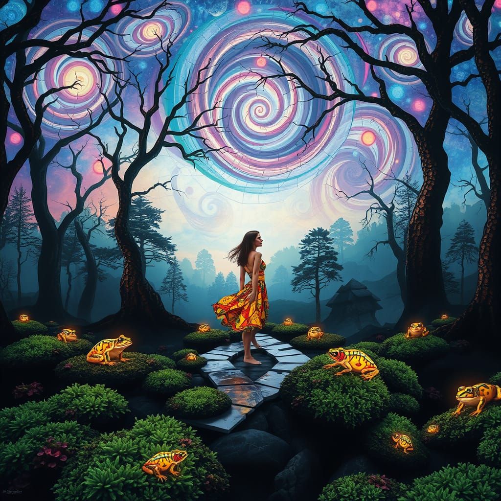 Ethereal Forest of Stained Glass Trees Amidst Swirling Nebul...