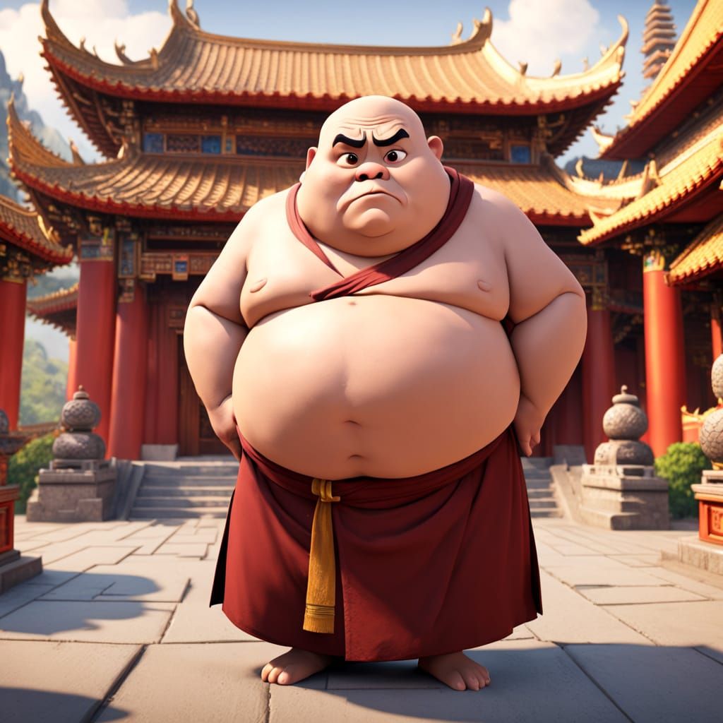 Worried Monk in Temple, Pixar-style 3D Animation