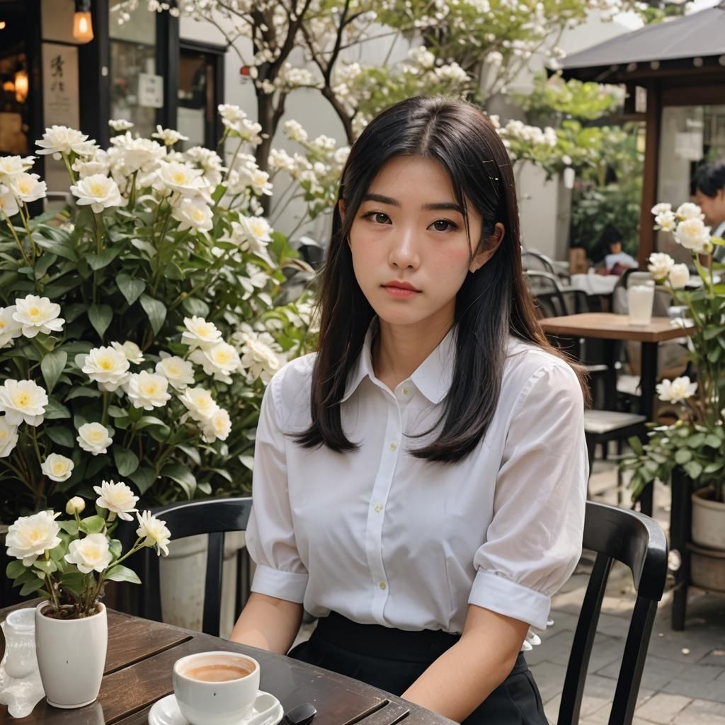 Young Woman at Cafe Table with Flowers