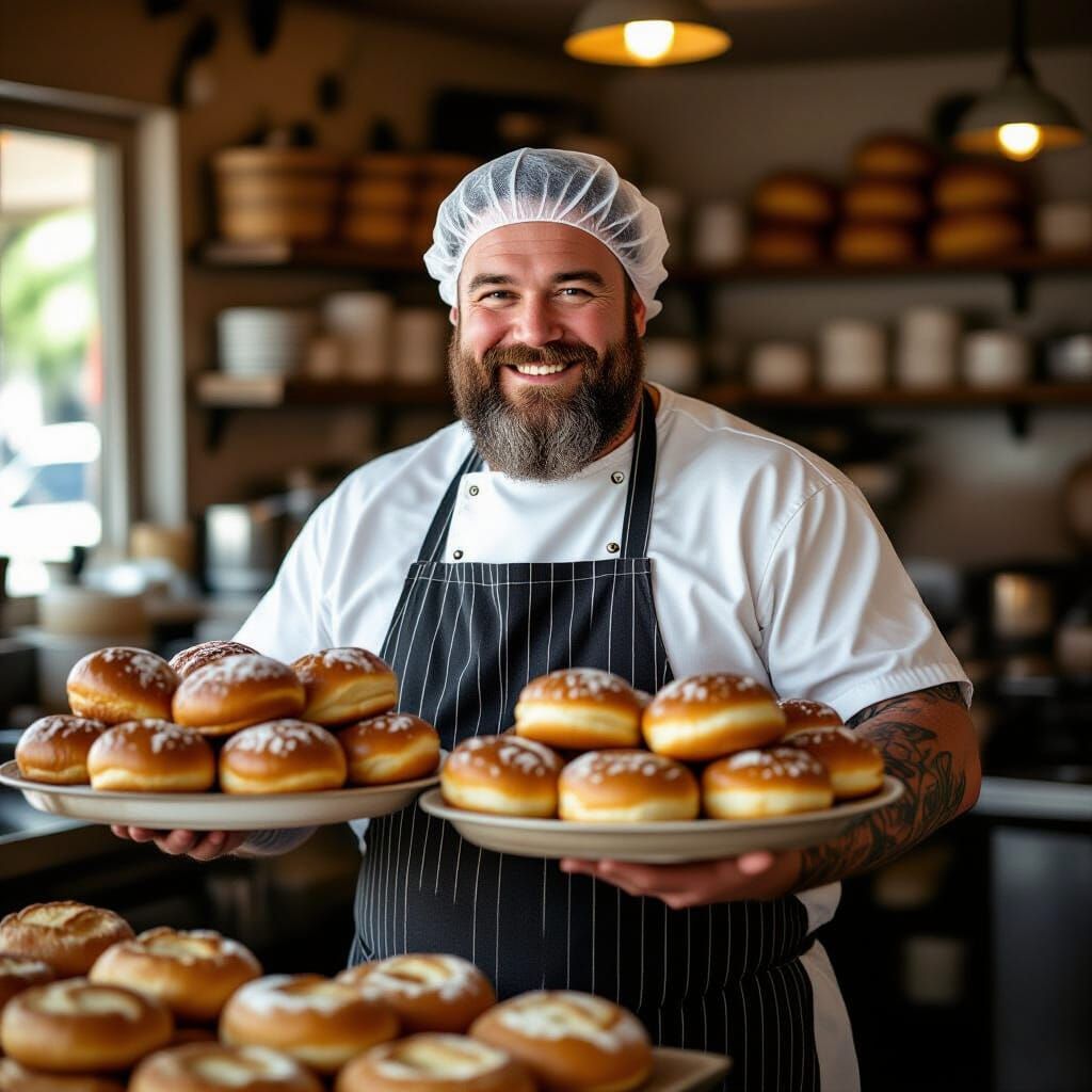 Friendly Baker Balances Bread Trays in Busy Bakery