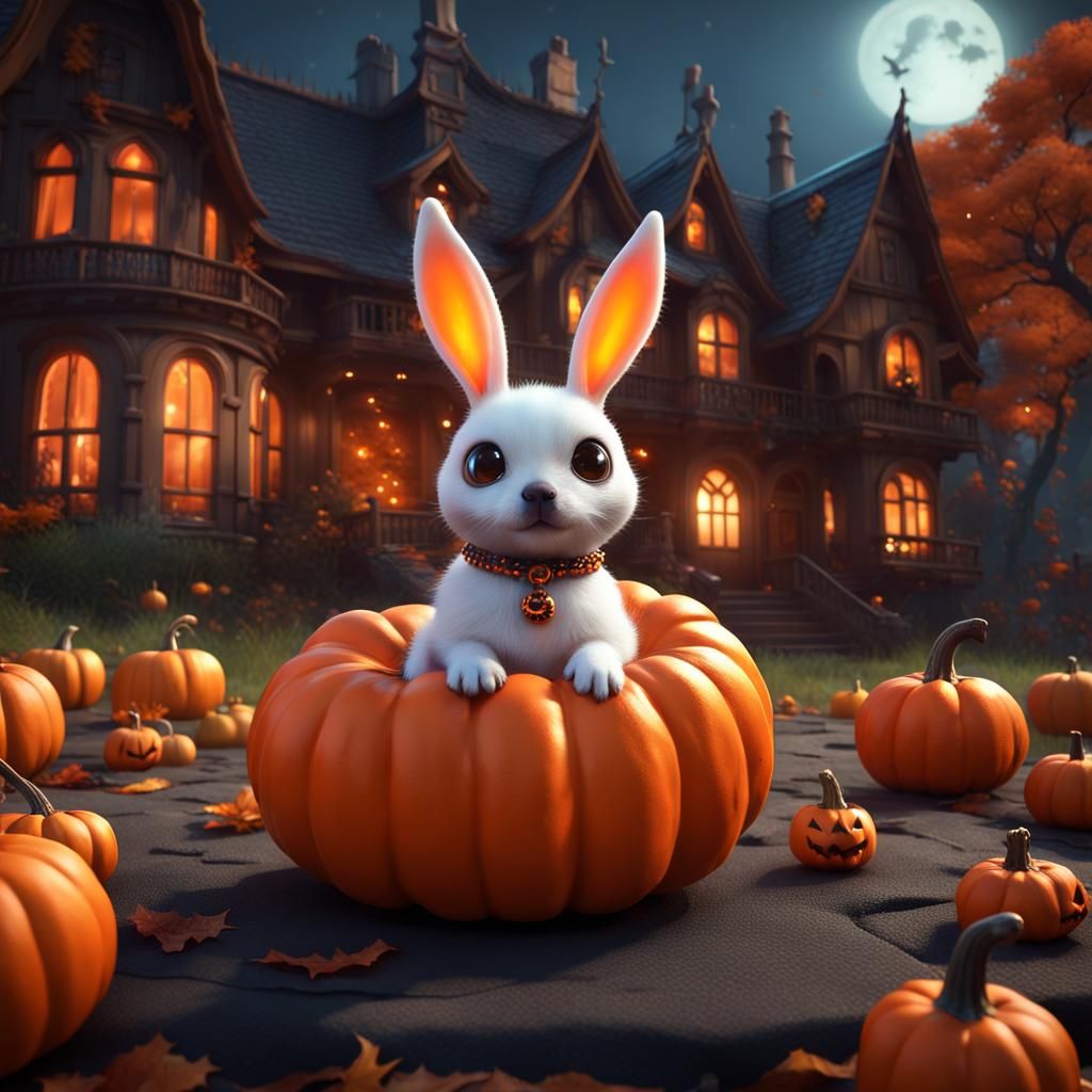 Kawaii Halloween Rabbit in front of Haunted House