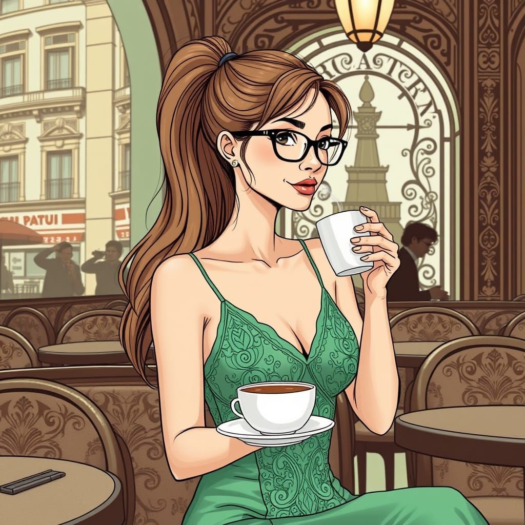Parisian Cafe Scene in Ligne Claire Style