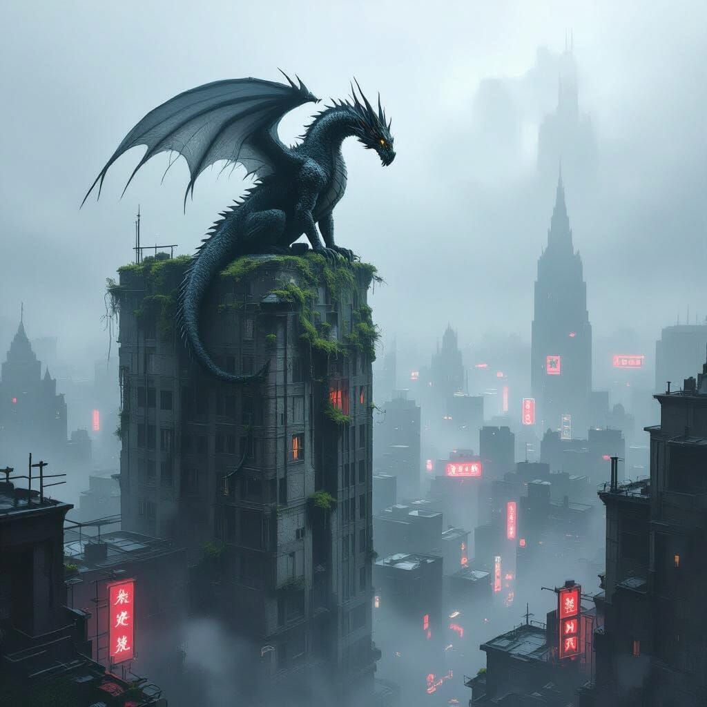 Dragon on Skyscraper in Foggy City