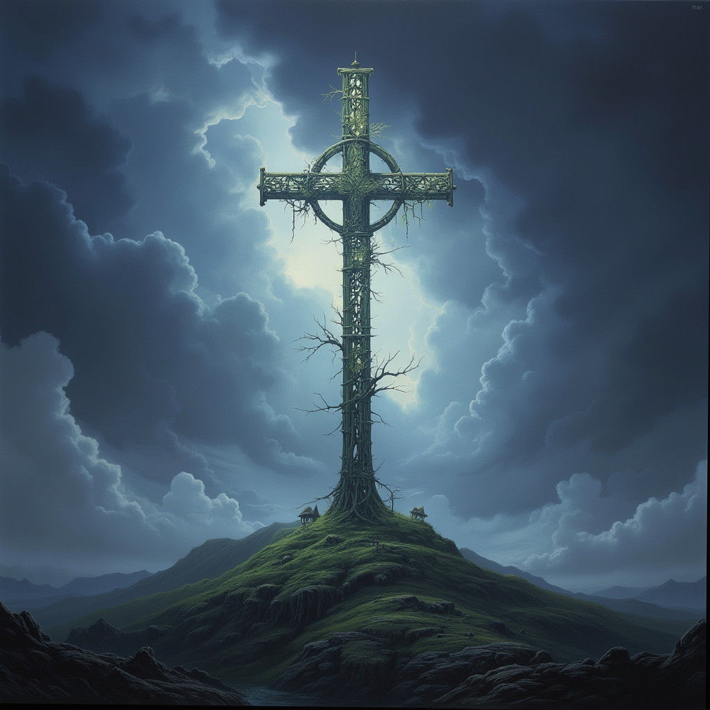 Bamboo Cross Under Stormy Sky: A Matte Painting