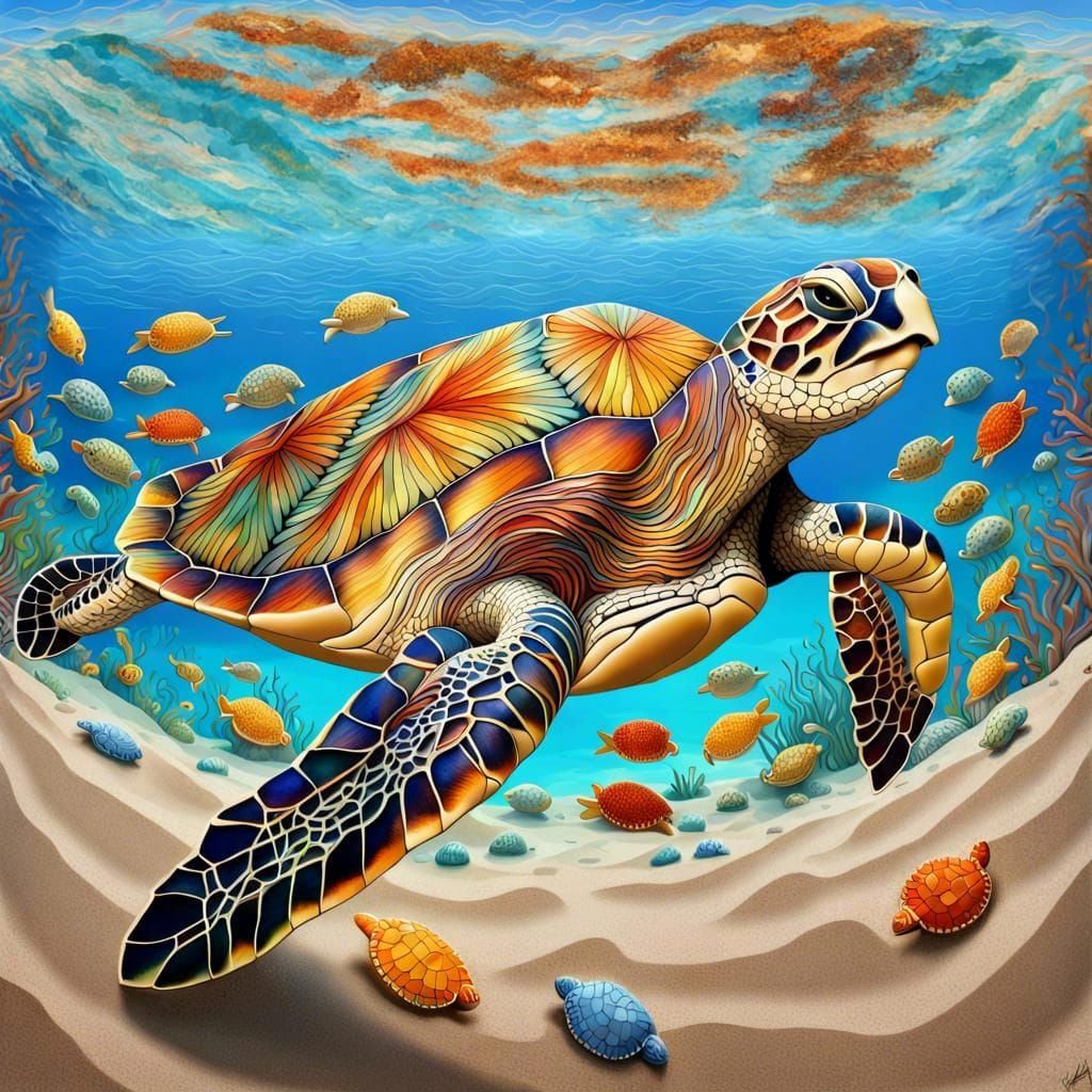 Mosaic Sea Turtle Swimming Over Ocean Floor
