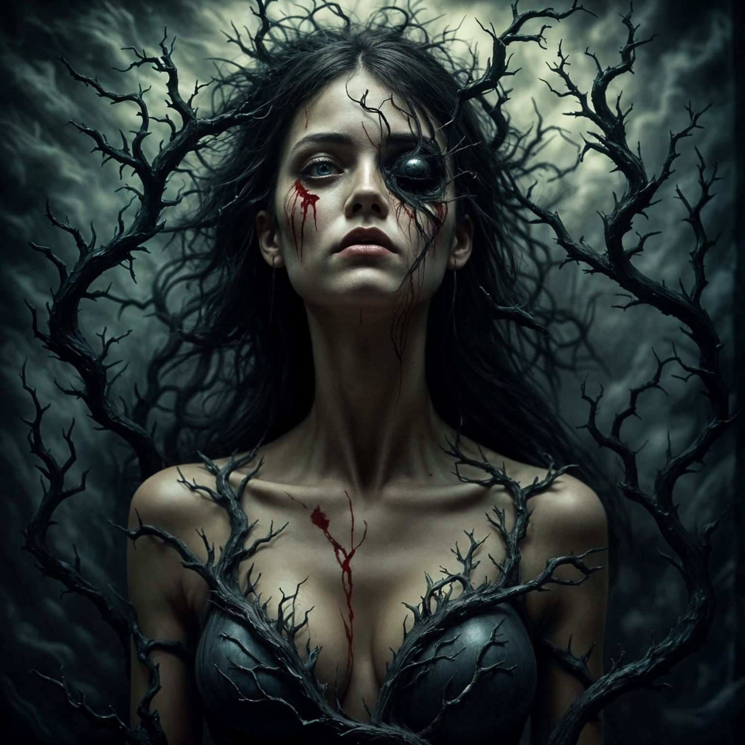 Gothic Portrait of Woman with Blood Tear and Thorny Vines