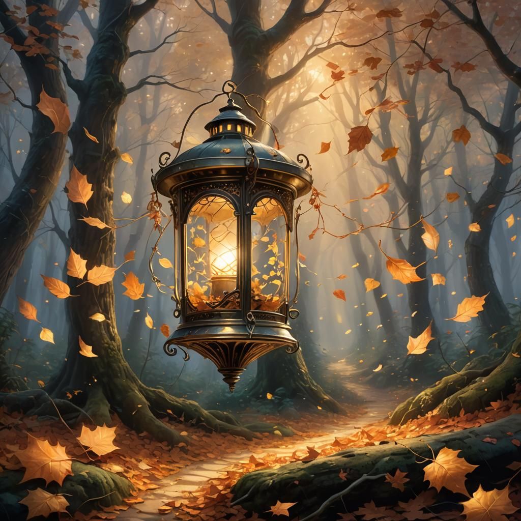 Glowing Lantern in Mystical Autumn Forest