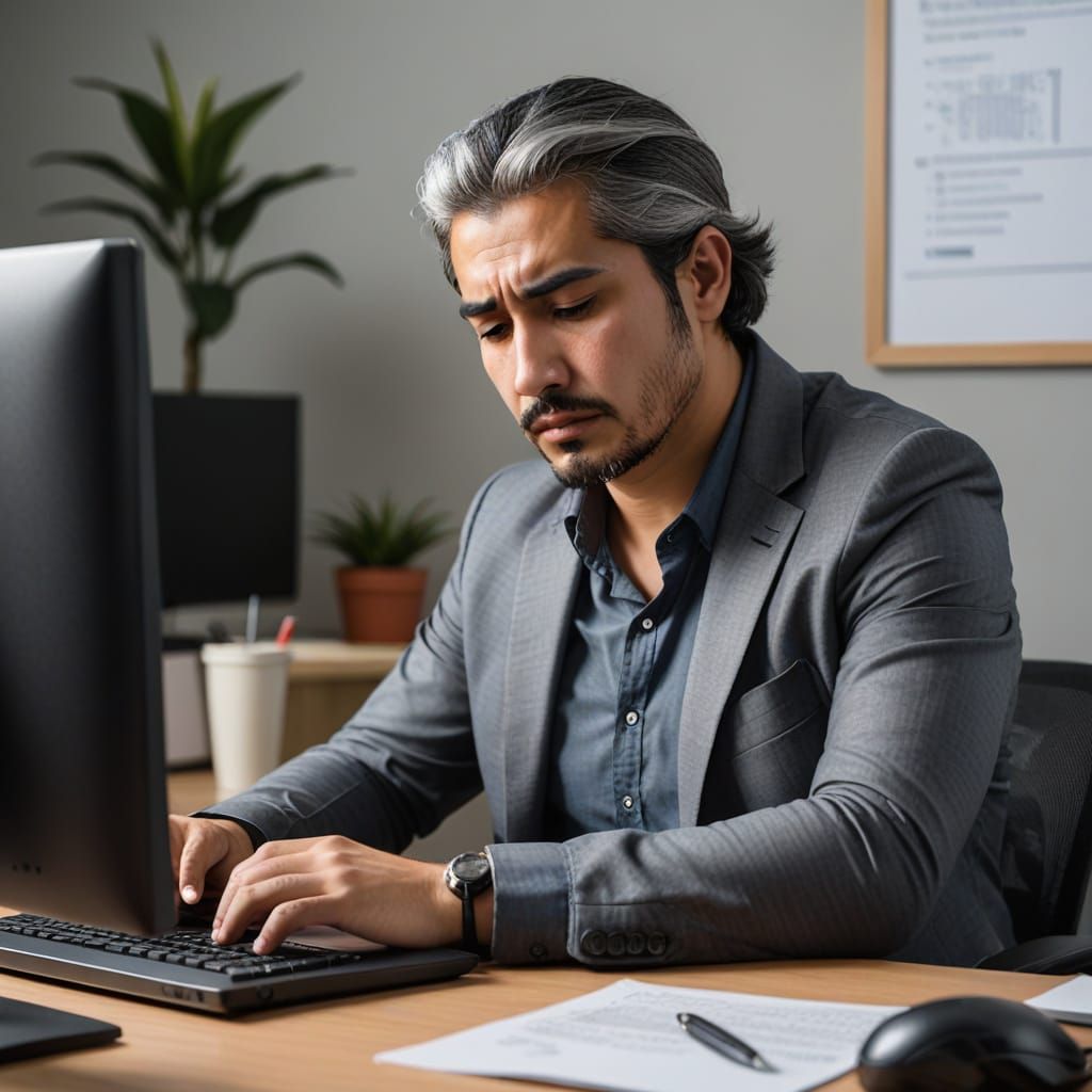 Man Working Late, Fighting Sleep at His Desk