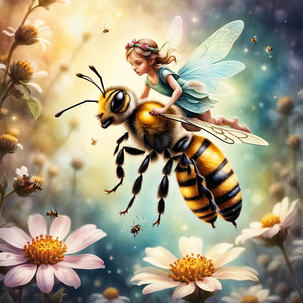 Fairy Riding a Bee in Watercolor Fantasy Art