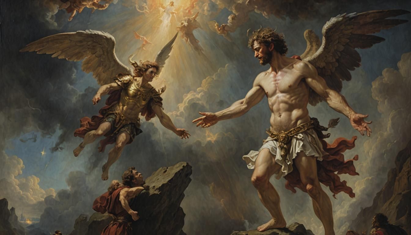 Classical oil painting in the style of Rembrandt  depicting ...