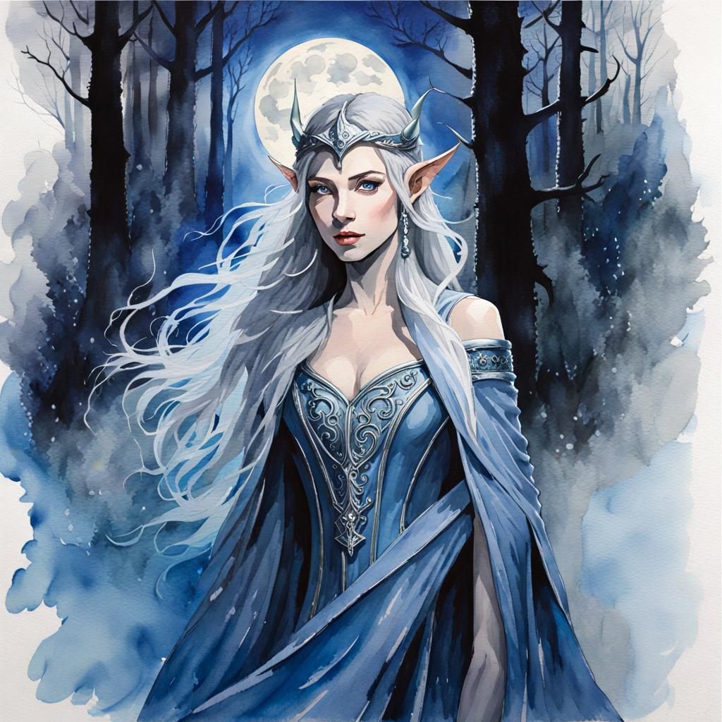 Ethereal Elf in Moonlight: Watercolor and Ink Portrait