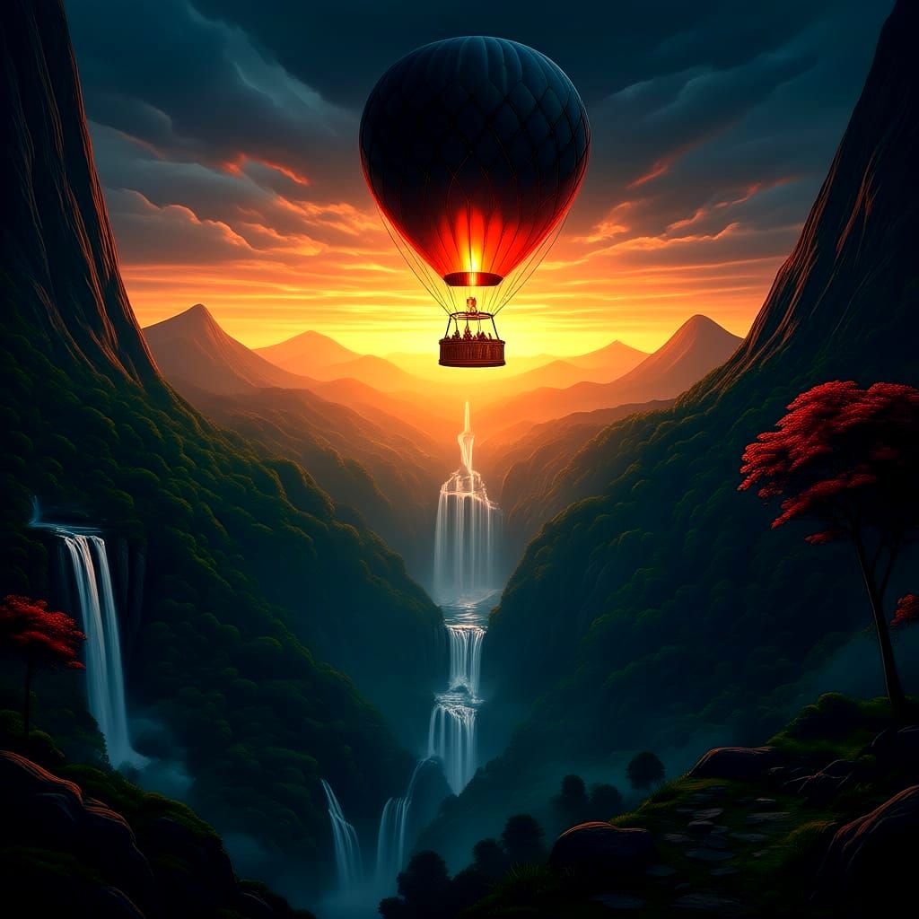Hot Air Balloon Bed Flies Over Enchanted Sundown Landscape