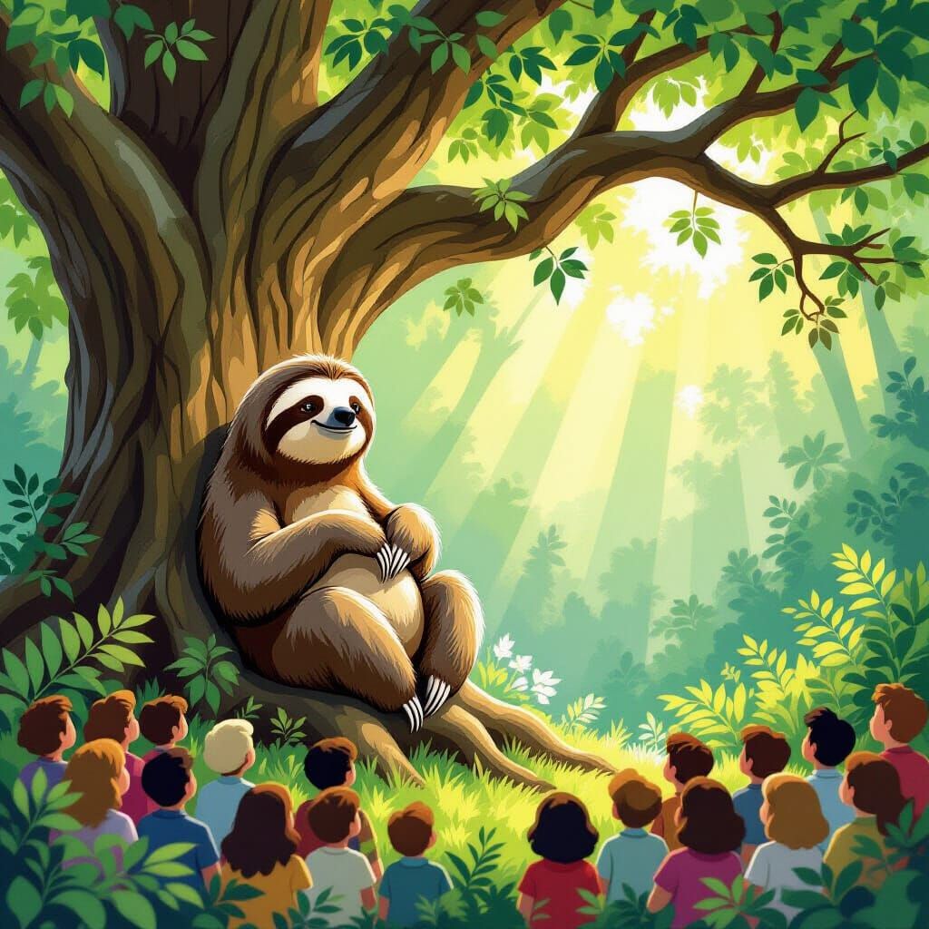 Serene Sloth in Ancient Tree Watched by Wondering Humans